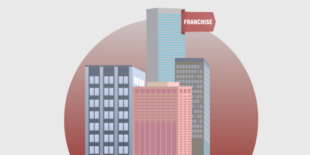 Stylized city buildings against a red background, with a 'FRANCHISE' banner on the tallest.