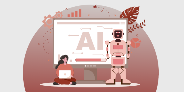 A woman with a laptop and a robot next to a monitor displaying "AI".