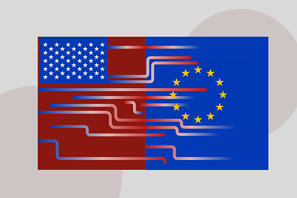 Les drapeaux américain et européen sont connectés par des lignes de données rouges et bleues.