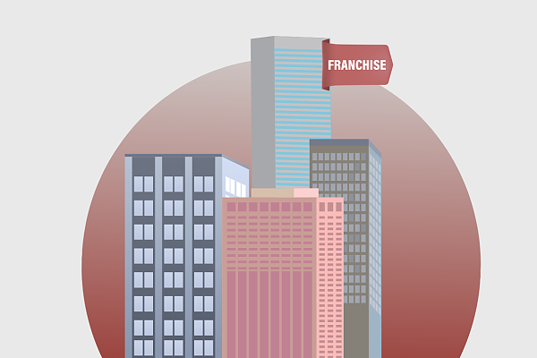 Stylized city buildings against a red background, with a 'FRANCHISE' banner on the tallest.