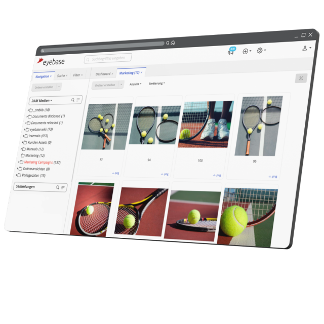 Digitales eyebase-Interface zeigt eine Rasteransicht von Tennisbildern mit Schlägern und Bällen.