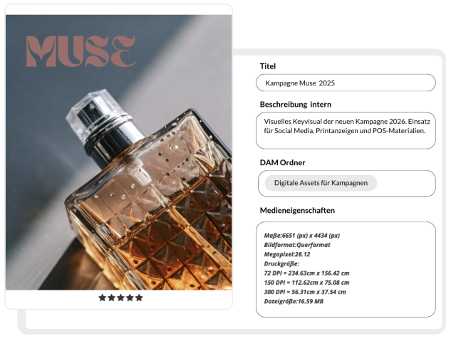 Amber perfume bottle with water droplets and 'MUSE' branding on a dark background.