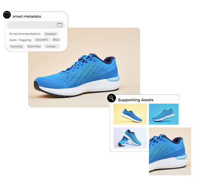 Blue running shoe displayed with AI-generated metadata and supporting asset images.