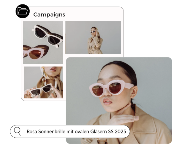 A woman in a beige coat wears large pink oval sunglasses, displayed within a campaign interface.