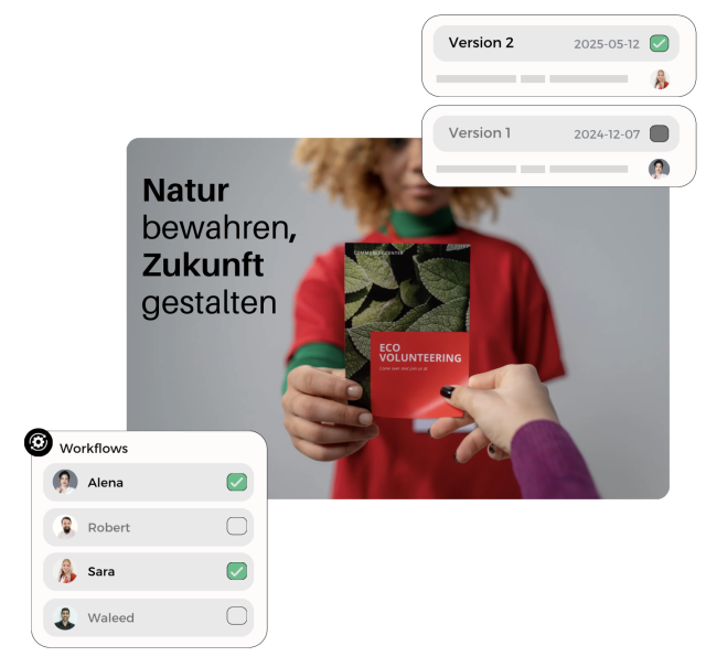 Person hands "Eco Volunteering" flyer, surrounded by digital workflow and version control interfaces.