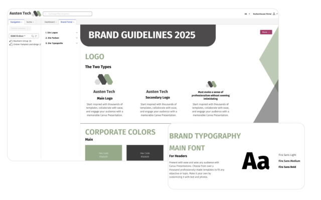 Digital screen displaying brand guidelines with logos, green and dark grey corporate colors, and typography.