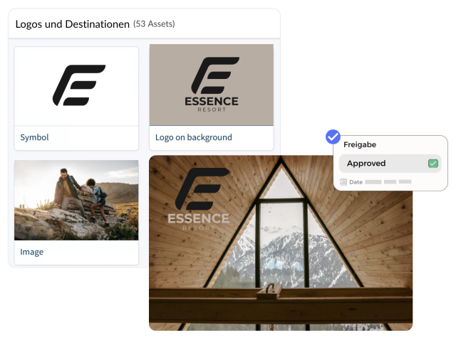 Digital asset manager displays Essence Resort logo on wood, mountain view, and 'Approved' status.