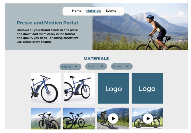 Materials portal showing a mountain cyclist, e-bike images, logo placeholders, and videos.