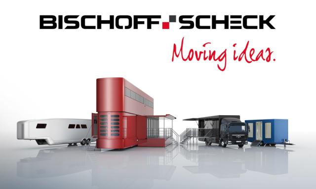 Diverse mobile event vehicles, including a red double-decker unit, black truck, and blue container.